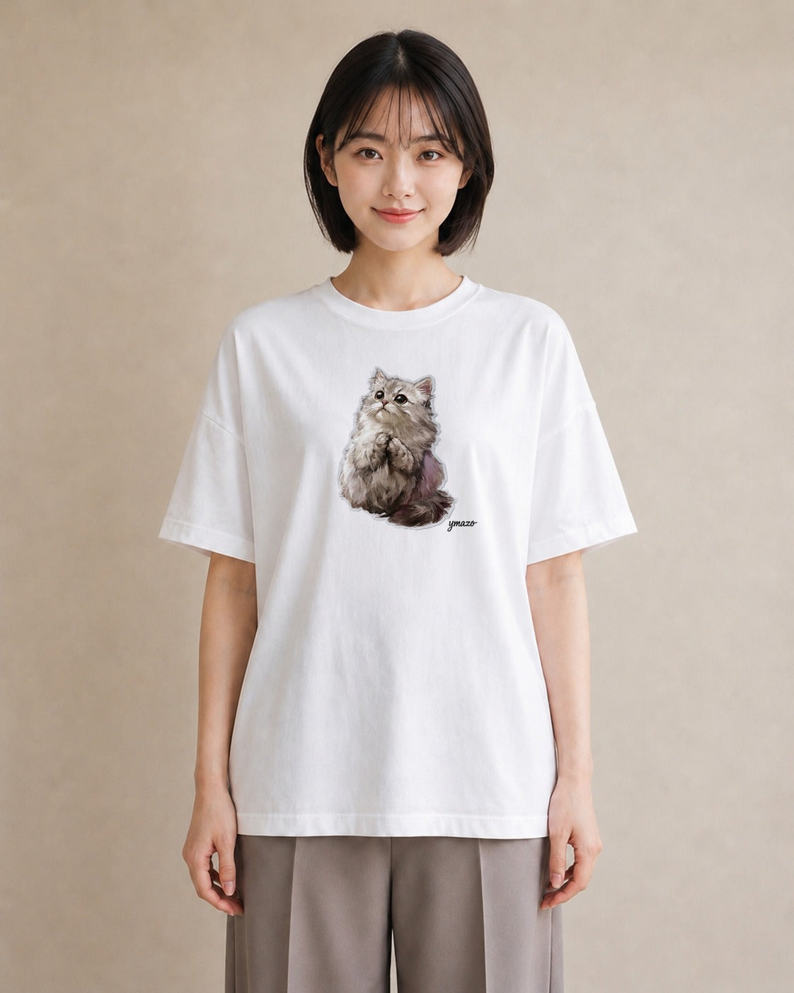半袖Tシャツ レディース スコティッシュフォールド 猫 ねこ イラスト きれいめ カフェ服 クリスマス 白T