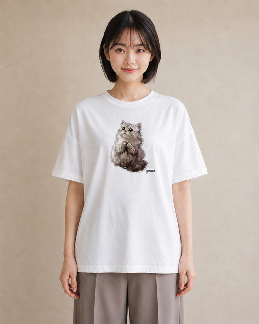 半袖Tシャツ レディース スコティッシュフォールド 猫 ねこ イラスト きれいめ カフェ服 クリスマス 白T