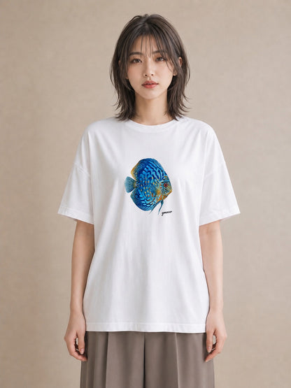 Tシャツ レディース 熱帯魚 ペット 動物 イラスト 上品 ラフ レイヤード 白T