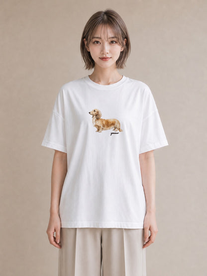 Tシャツ レディース ミニチュアダックスフンド 犬 いぬ イラスト シンプル 休日 ペアコーデ 白T