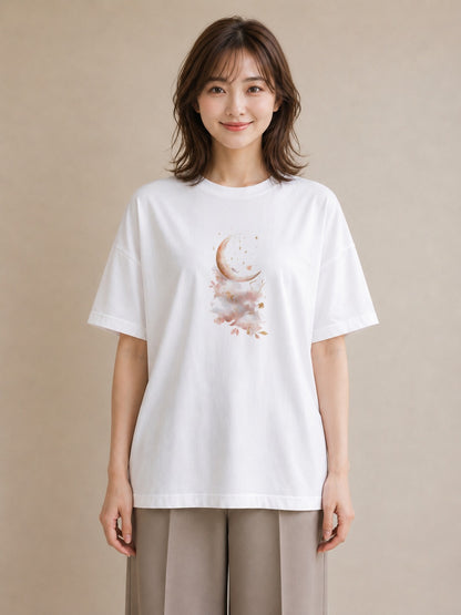 半袖Tシャツ レディース 星空 宇宙 イラスト カフェコーデ ラフ レイヤード 白T