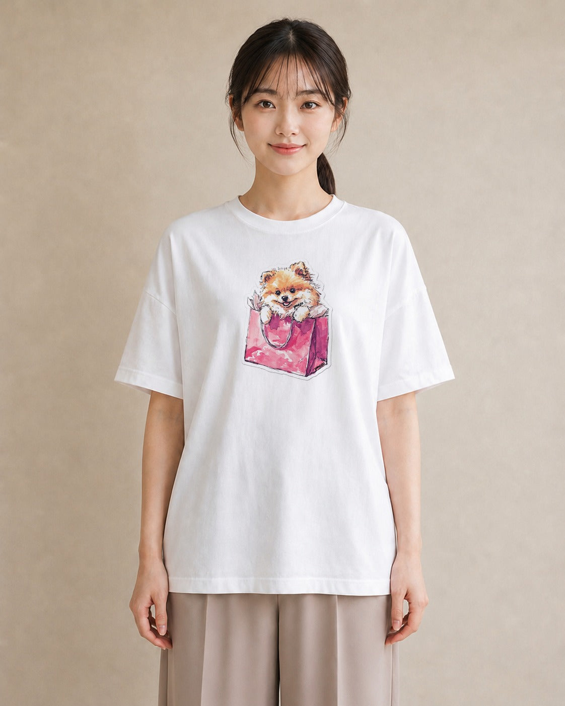 半袖Tシャツ レディース ポメラニアン ポメ 犬 いぬ イラスト ミニマル お出かけ 普段着 白T