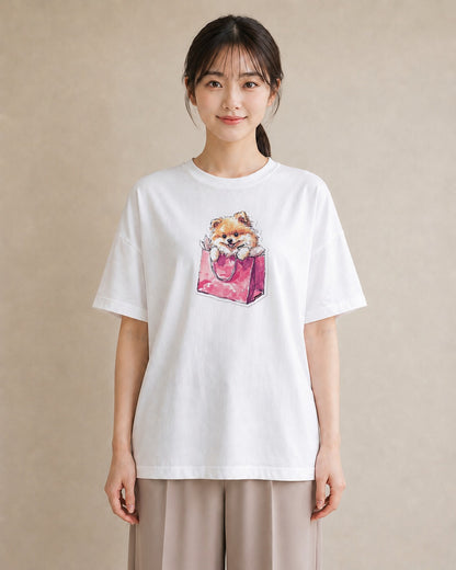 半袖Tシャツ レディース ポメラニアン ポメ 犬 いぬ イラスト ミニマル お出かけ 普段着 白T