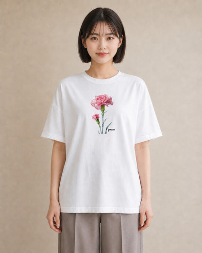 プリントTシャツ レディース カーネーション 花 花柄 イラスト きれいめ 春服 ミセス 白T