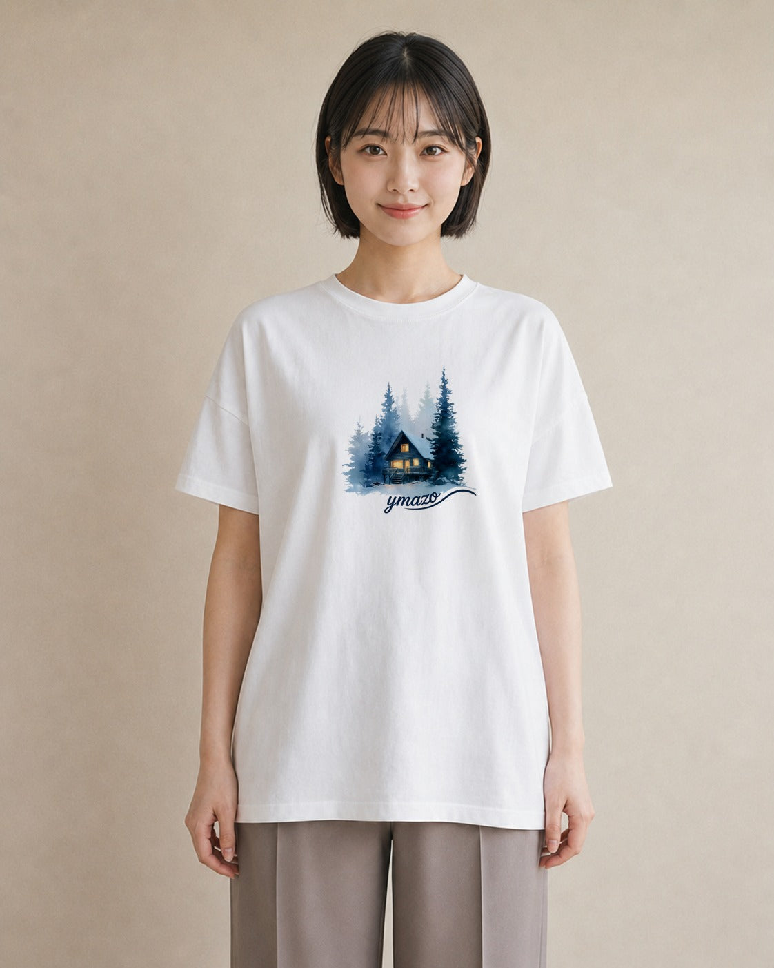 プリントTシャツ レディース 湖畔の小屋 湖 小屋 ナチュラル アンティーク イラスト 線画 ペアコーデ 秋コーデ 白T
