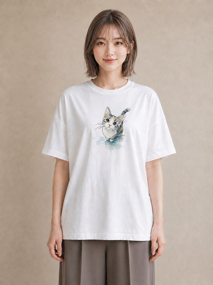 グラフィックTシャツ レディース サビ猫 猫 ねこ イラスト 上品 海 カフェ巡り 白T