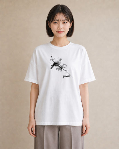 グラフィックTシャツ レディース 遠い家と鳥 風景 鳥 ナチュラル アンティーク イラスト アート風 旅行 母娘コーデ 白T