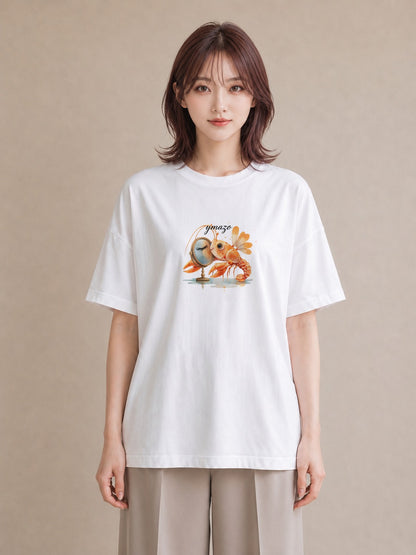 グラフィックTシャツ レディース エビ 海の生き物 海 イラスト ミニマル 綿100 デート 白T