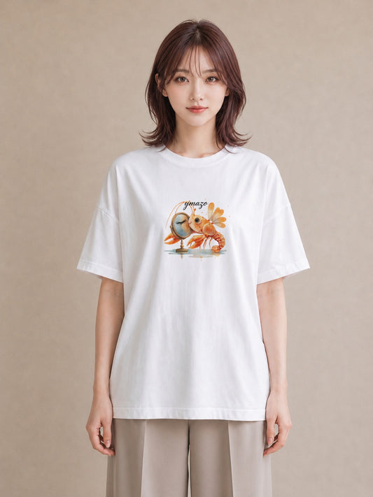 グラフィックTシャツ レディース エビ 海の生き物 海 イラスト ミニマル 綿100 デート 白T