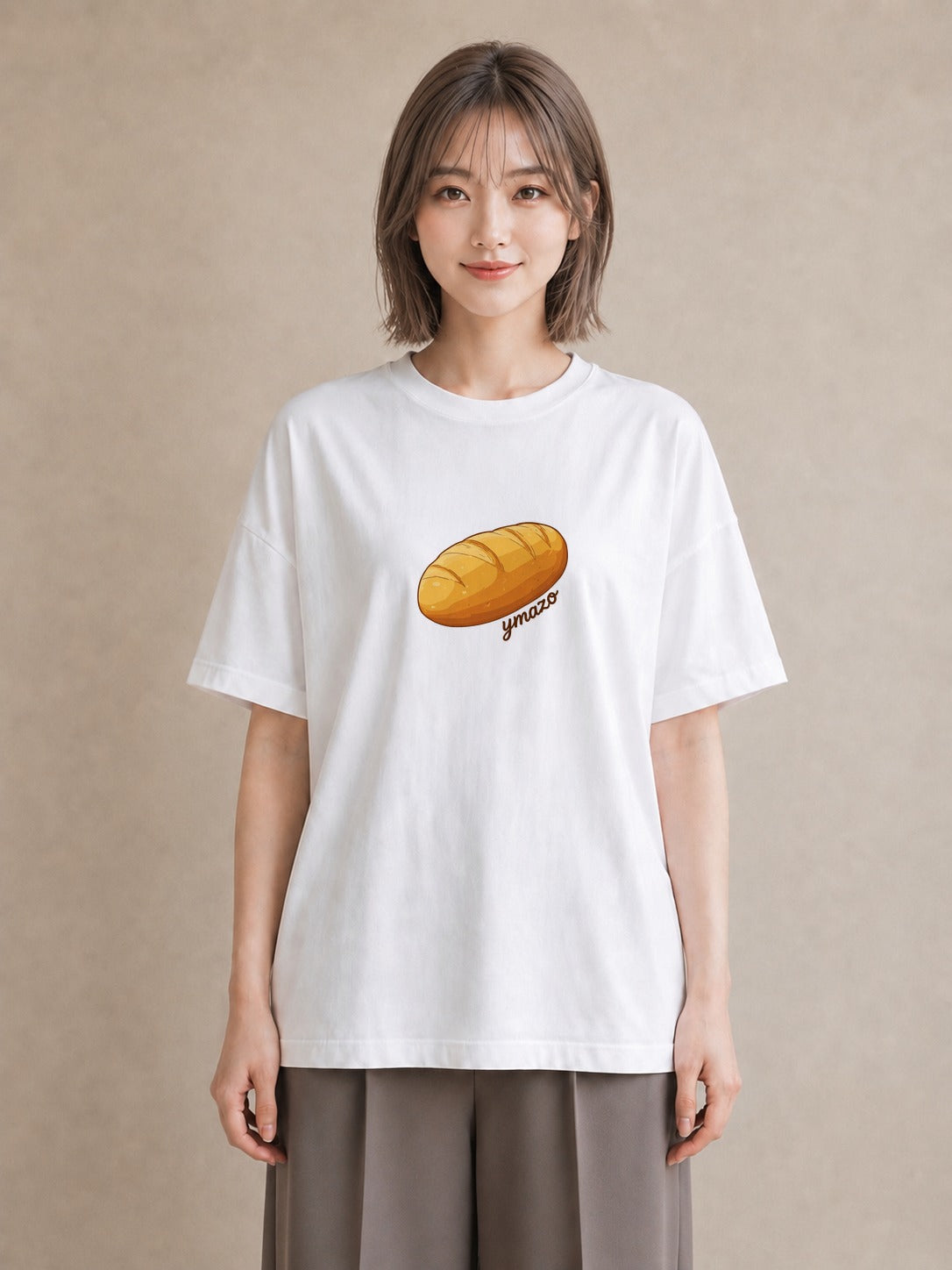 プリントTシャツ レディース パン 食べ物 フード イラスト 淡色 買い物 夏コーデ 白T