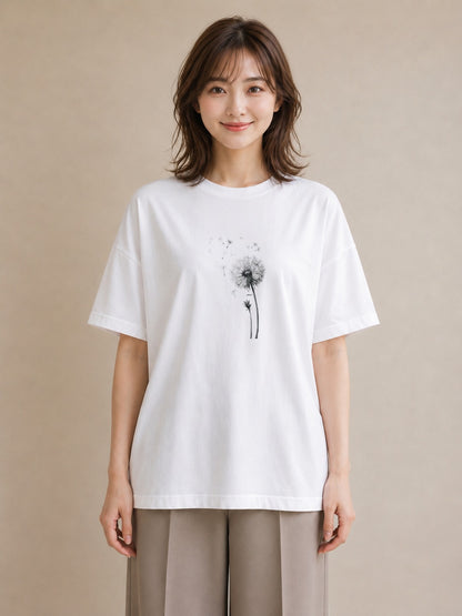 半袖Tシャツ レディース たんぽぽ 花 花柄 イラスト ラフカジュアル 週末コーデ 敬老の日 白T