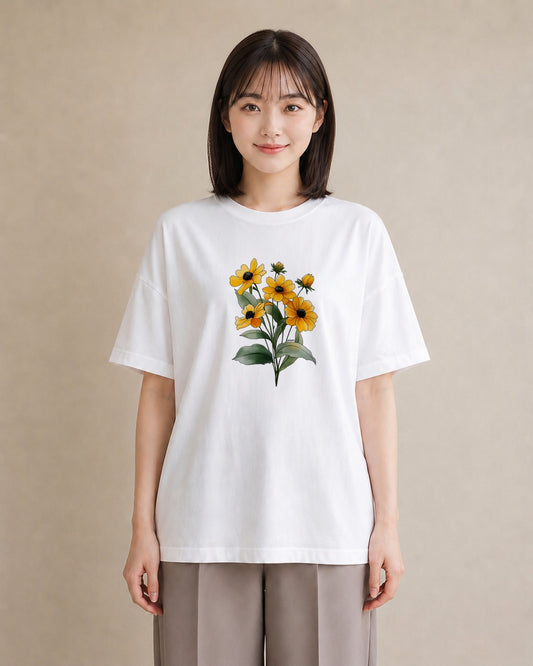 半袖Tシャツ レディース ひまわり 向日葵 花 花柄 イラスト ポップ ビーチ デイリーウェア 白T