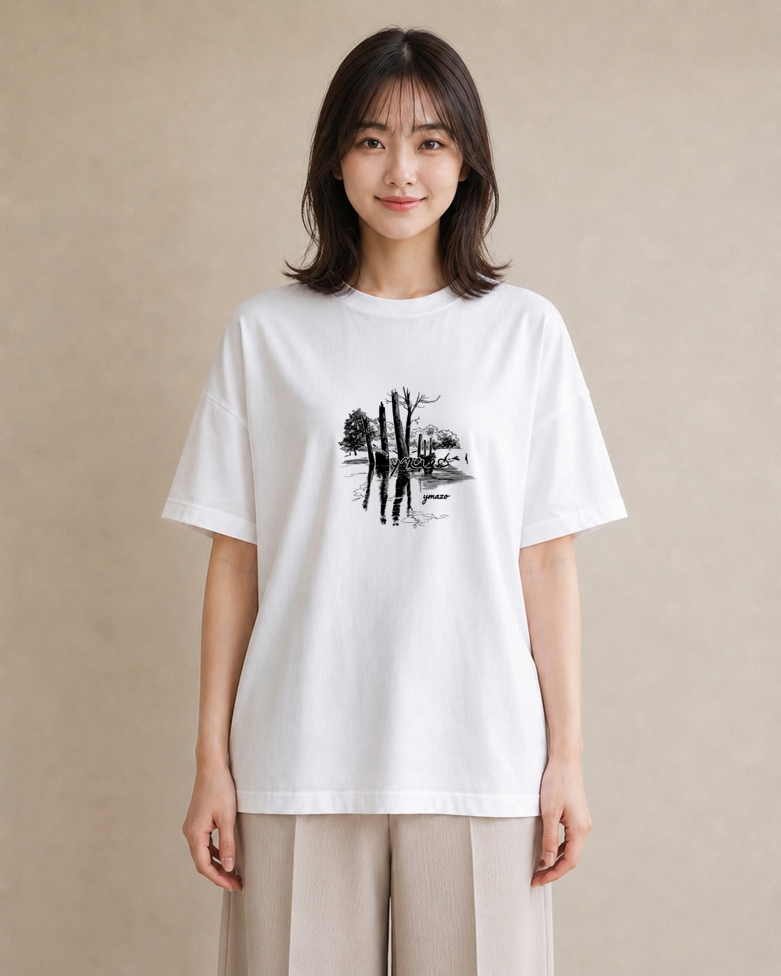 半袖Tシャツ レディース 小川 橋 せせらぎ ナチュラル アンティーク イラスト きれいめカジュアル 海 カフェ巡り 白T