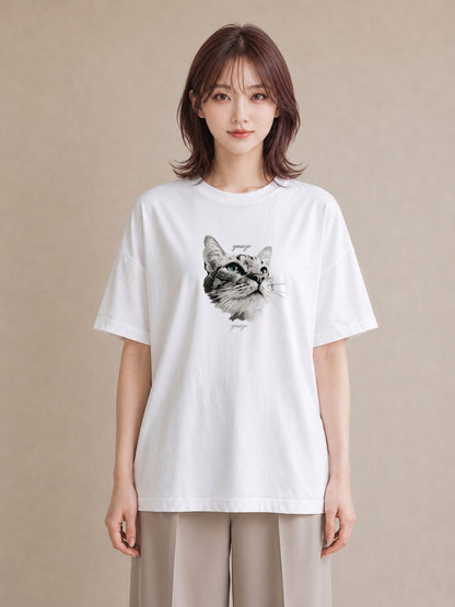 プリントTシャツ レディース 猫 ねこ イラスト ユニーク レイヤード 友達ギフト 白T