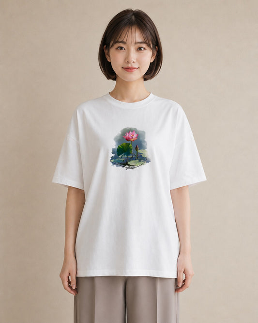 プリントTシャツ レディース 蓮 花 花柄 イラスト 線画 デイリーウェア 休日 白T