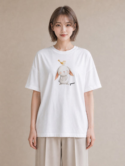 半袖Tシャツ レディース ミニうさぎ ペット 動物 イラスト 北欧風 週末コーデ 敬老の日 白T