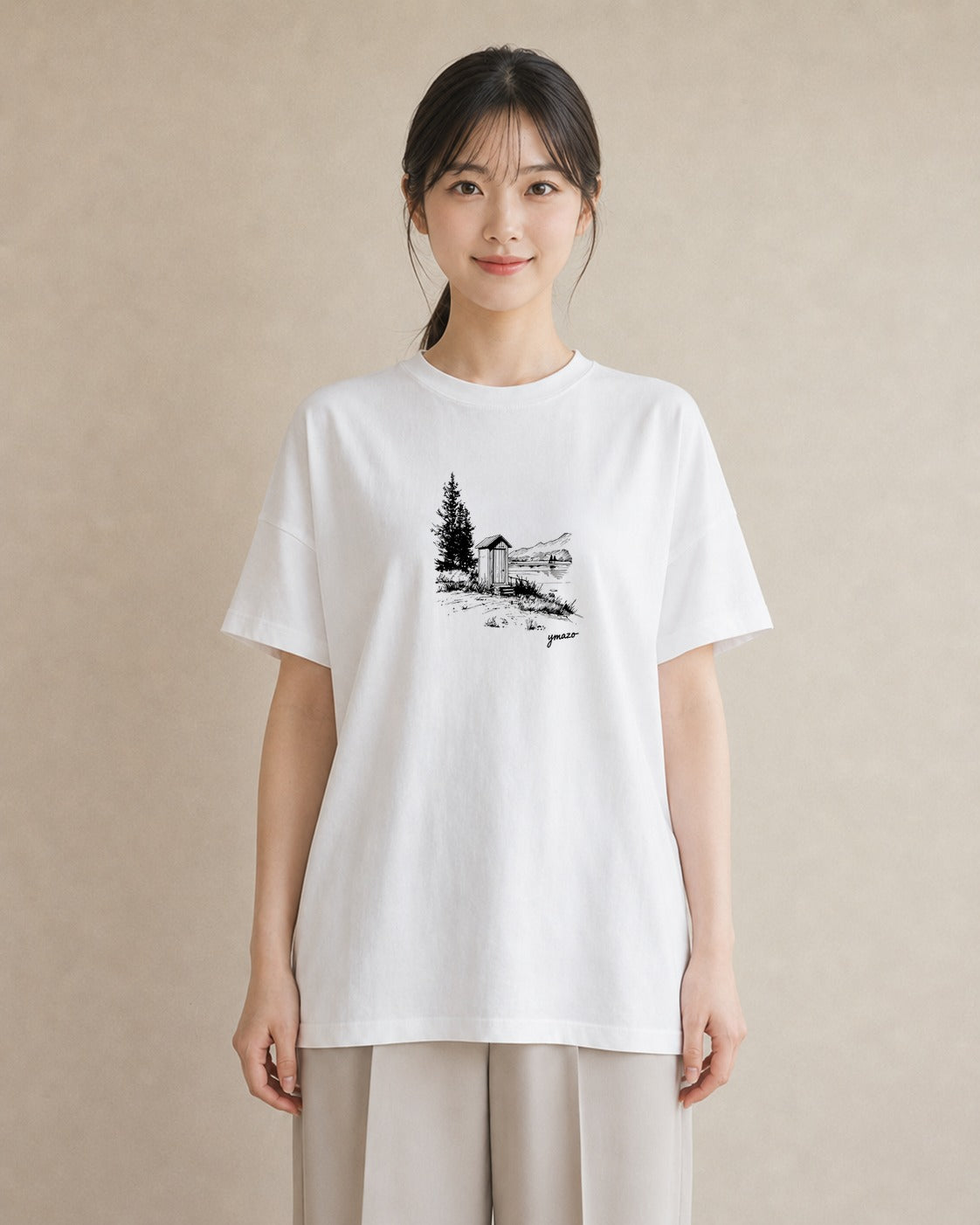 グラフィックTシャツ レディース 湖畔の小屋 湖 小屋 ナチュラル アンティーク イラスト 手描き風 秋コーデ おしゃれギフト 白T
