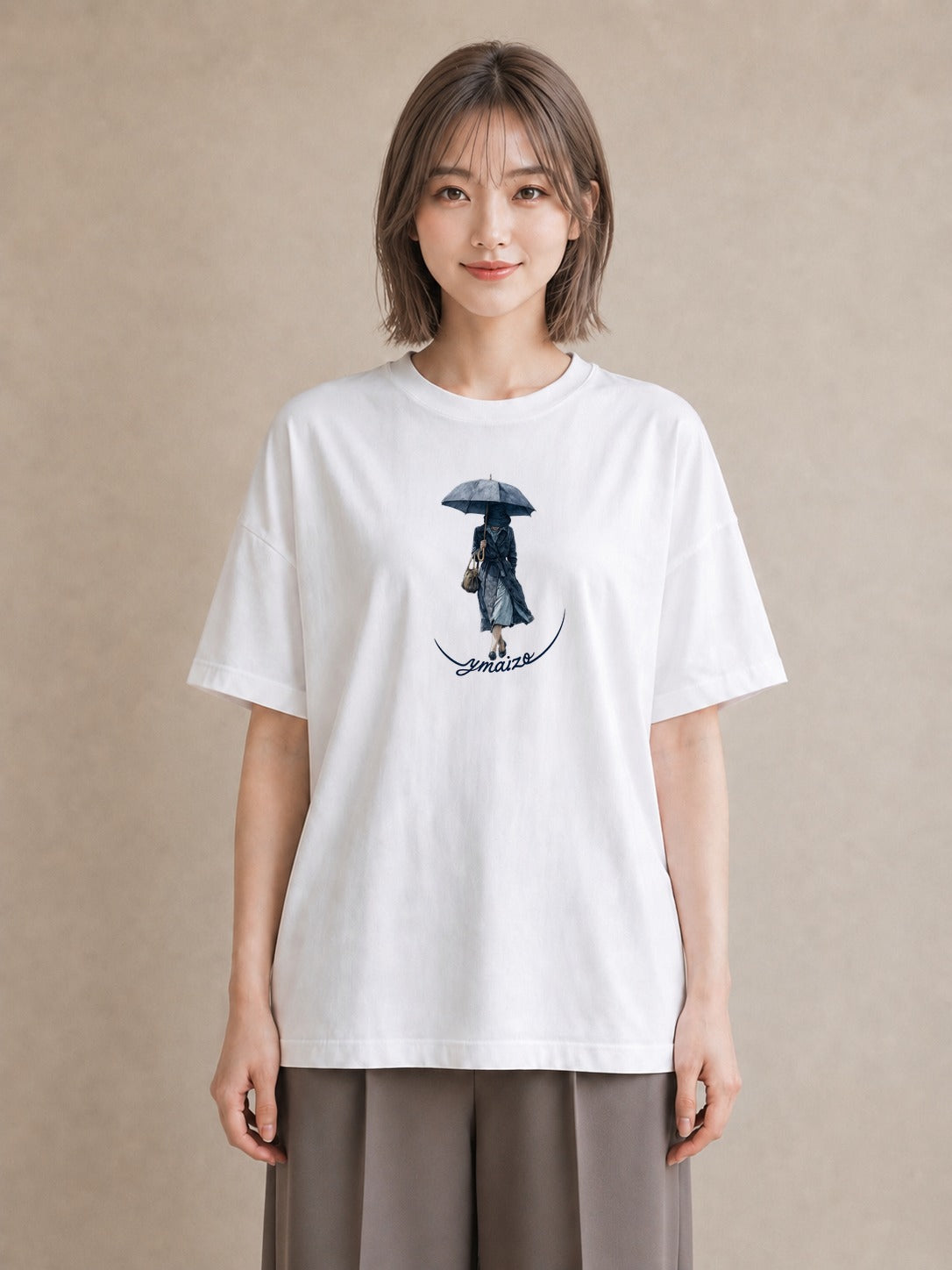 デザインTシャツ レディース 傘 水たまり 雨 ナチュラル アンティーク イラスト きれいめカジュアル ビーチ デイリーウェア 白T