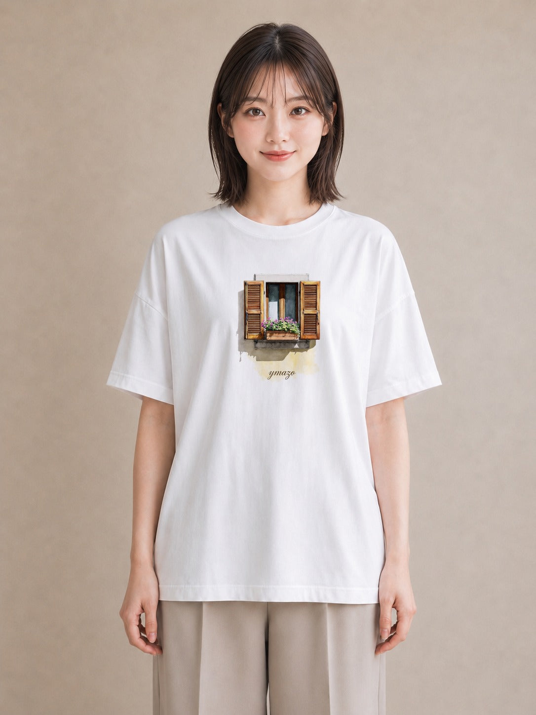 グラフィックTシャツ レディース 窓辺の雨 雨の日 窓 ナチュラル アンティーク イラスト 個性的 デイリーウェア 休日 白T