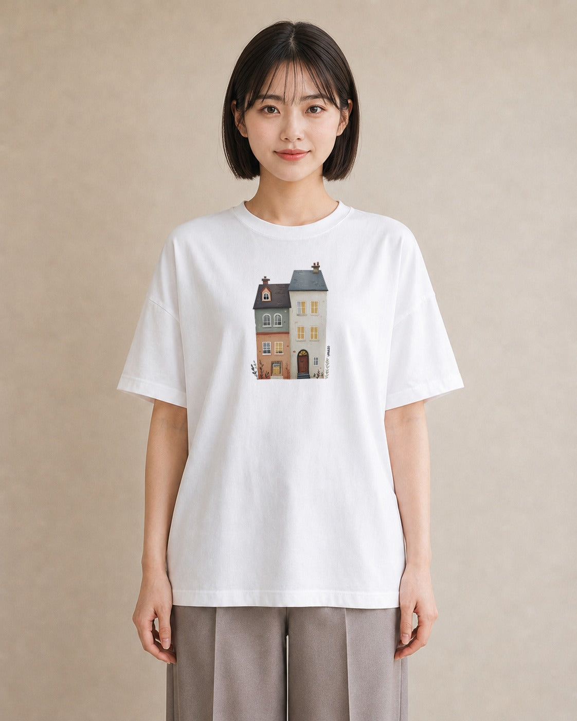 デザインTシャツ レディース 夕暮れ バルコニー 夕焼け ナチュラル アンティーク イラスト ゆるコーデ 旅行 母娘コーデ 白T