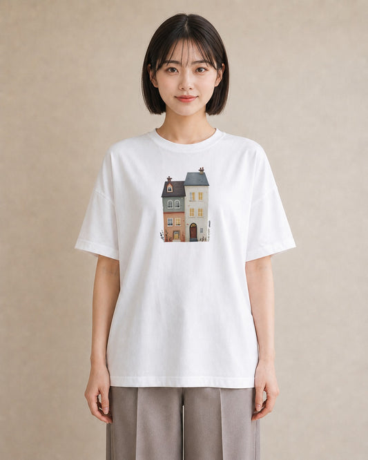 デザインTシャツ レディース 夕暮れ バルコニー 夕焼け ナチュラル アンティーク イラスト ゆるコーデ 旅行 母娘コーデ 白T