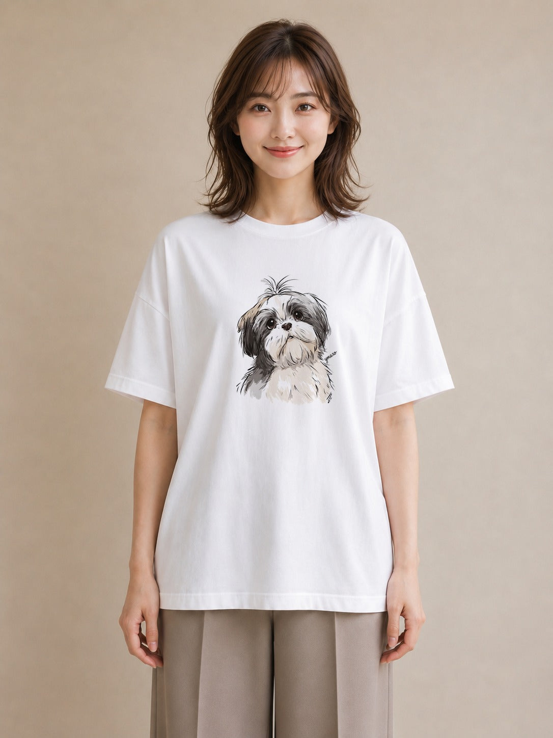 グラフィックTシャツ レディース ペキニーズ 犬 いぬ イラスト カフェコーデ ミセス 春コーデ 白T