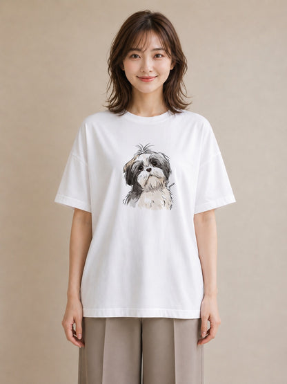グラフィックTシャツ レディース ペキニーズ 犬 いぬ イラスト カフェコーデ ミセス 春コーデ 白T