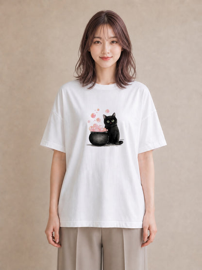 デザインTシャツ レディース ハチワレ 白黒猫 猫 ねこ イラスト 淡色 自分用 ルームウェア 白T