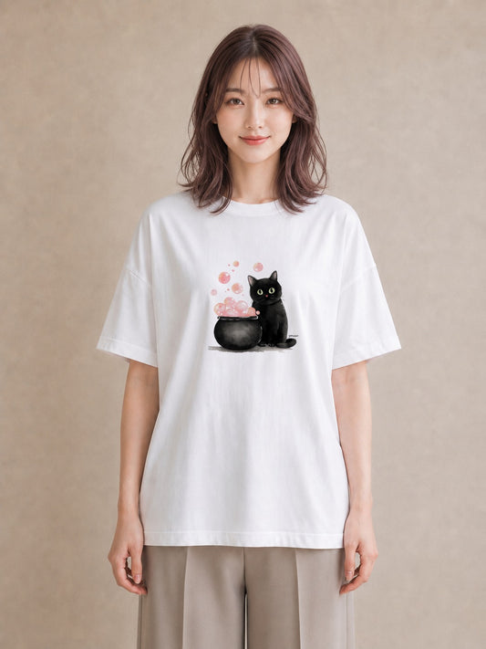 デザインTシャツ レディース ハチワレ 白黒猫 猫 ねこ イラスト 淡色 自分用 ルームウェア 白T