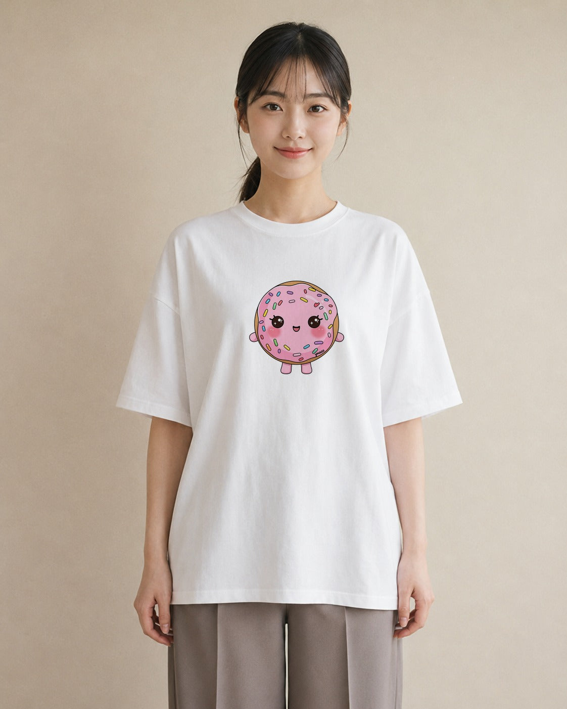 グラフィックTシャツ レディース ドーナツ 食べ物 フード イラスト 淡色 20代 カジュアルコーデ 白T
