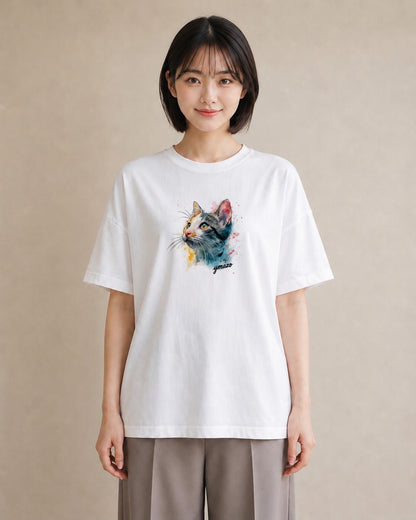 デザインTシャツ レディース アメリカンショートヘア 猫 ねこ イラスト ミセス 春コーデ 白T