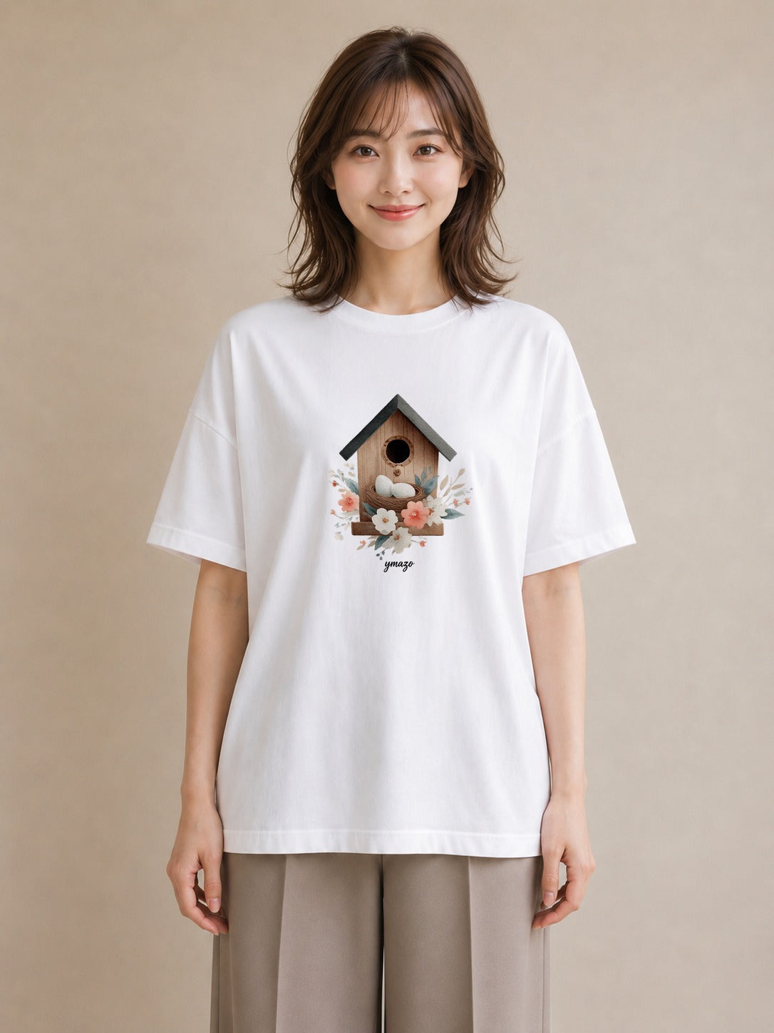 デザインTシャツ レディース 遠い家と鳥 風景 鳥 ナチュラル アンティーク イラスト ミニマル 綿100 デート 白T