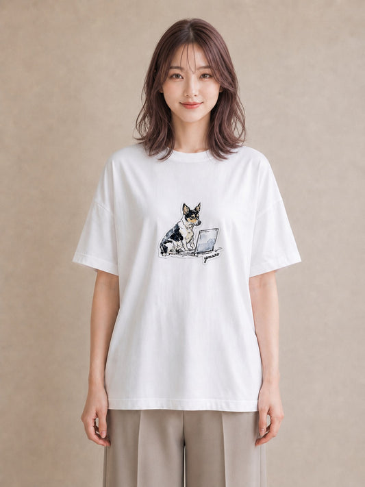 Tシャツ レディース 犬 いぬ イラスト 韓国風 休日 ペアコーデ 白T