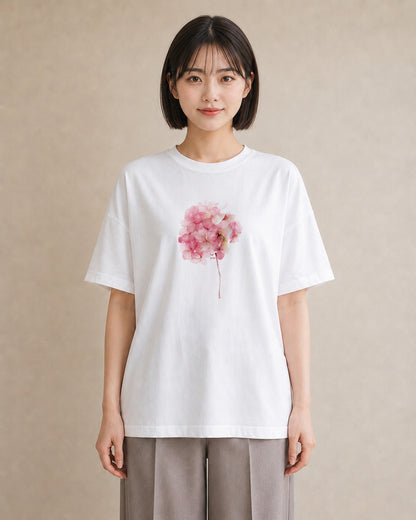 半袖Tシャツ レディース あじさい 紫陽花 アジサイ 花 花柄 イラスト 抜け感 誕生日プレゼント 綿100 白T