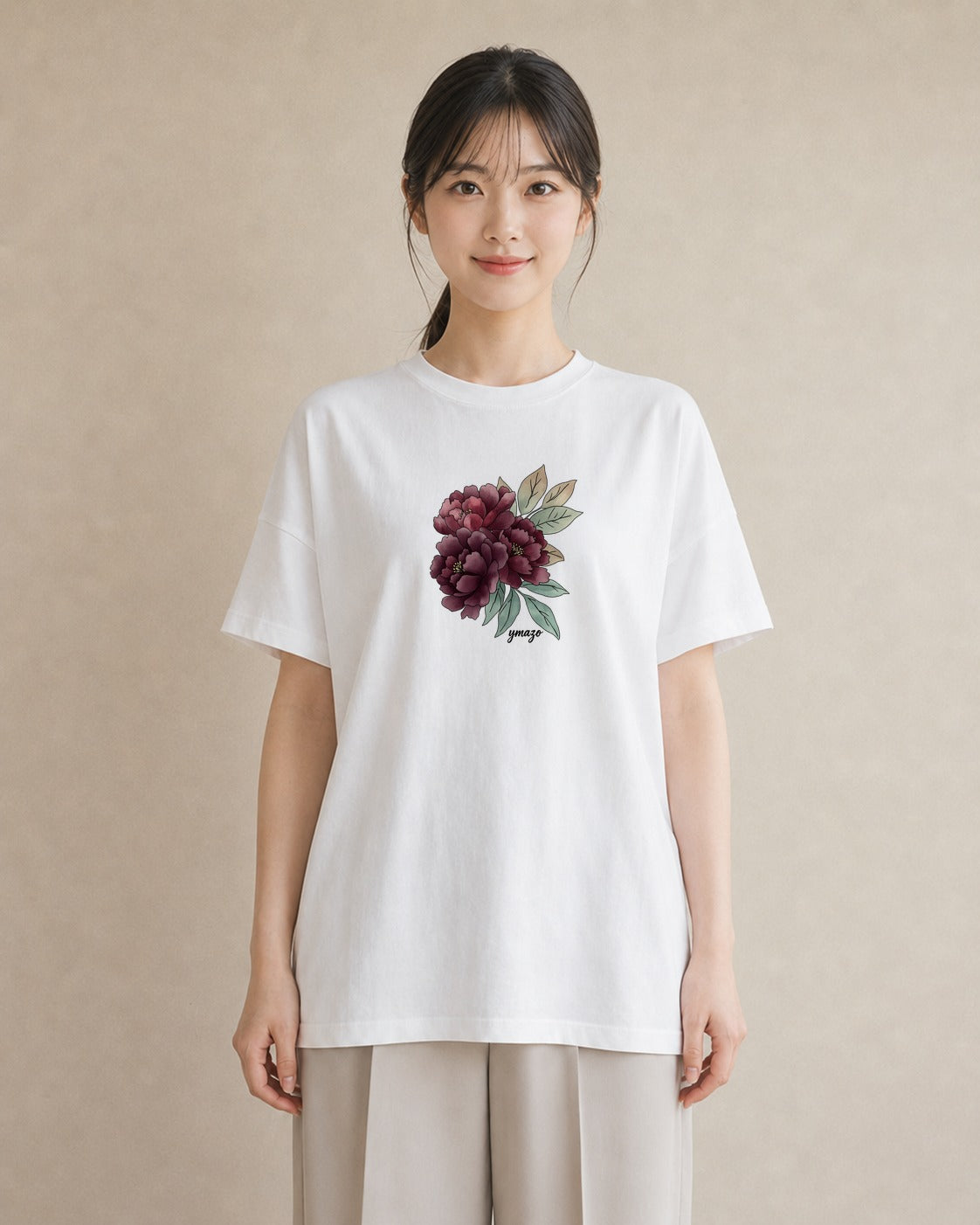半袖Tシャツ レディース 牡丹 花 花柄 イラスト モード ラフ レイヤード 白T