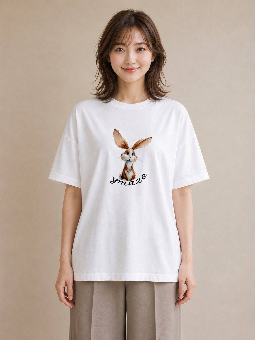Tシャツ レディース ロップイヤー ペット 動物 イラスト アート風 ビーチ デイリーウェア 白T