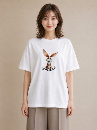 Tシャツ レディース ロップイヤー ペット 動物 イラスト アート風 ビーチ デイリーウェア 白T