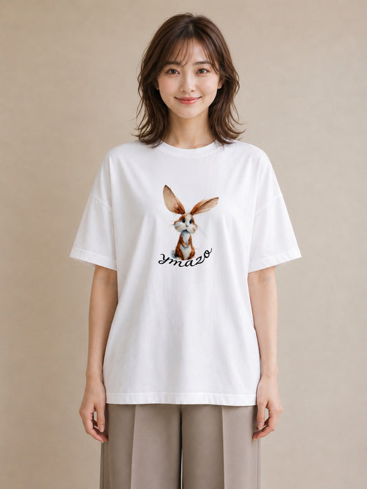 Tシャツ レディース ロップイヤー ペット 動物 イラスト アート風 ビーチ デイリーウェア 白T
