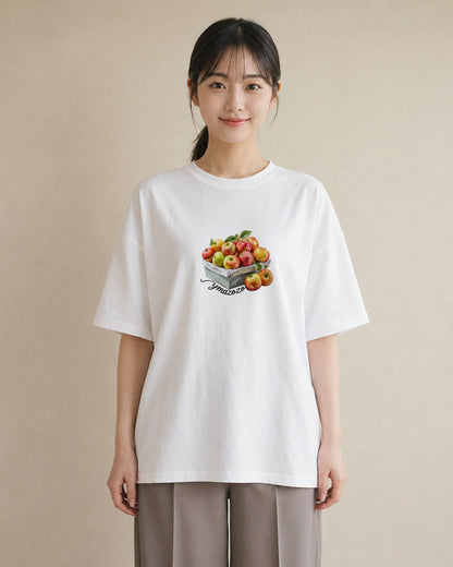 半袖Tシャツ レディース りんご 林檎 アップル 食べ物 フード イラスト こなれ感 女性 旅行用 白T