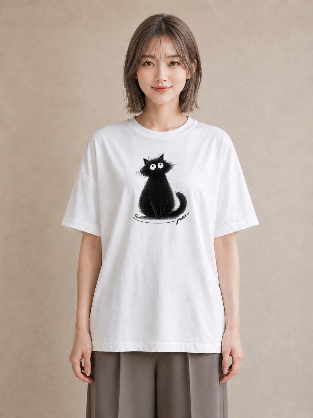 デザインTシャツ レディース 黒猫 猫 ねこ イラスト きれいめカジュアル 自分用 ルームウェア 白T