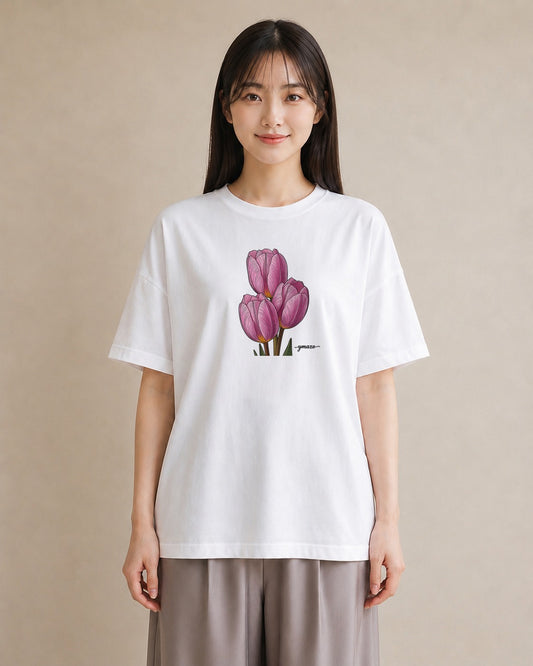 グラフィックTシャツ レディース チューリップ 花 花柄 イラスト シック 友達ギフト 部屋着 白T