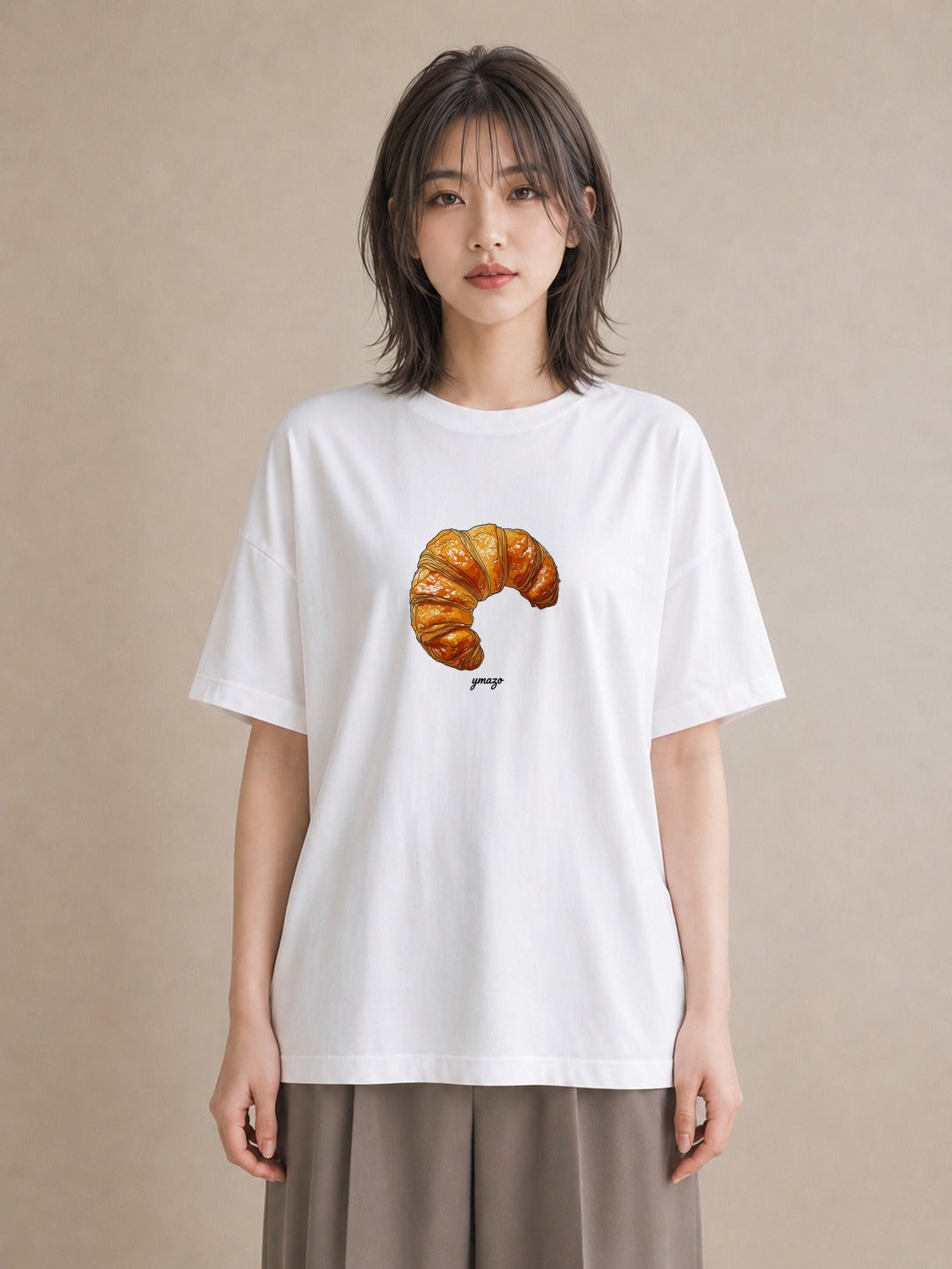 デザインTシャツ レディース クロワッサン 食べ物 フード イラスト 線画 ギフト 母の日 白T