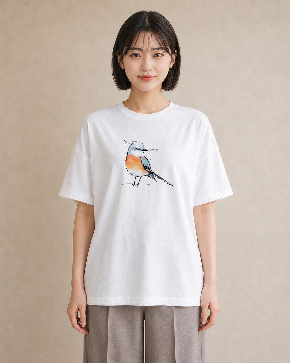 プリントTシャツ レディース 遠い家と鳥 風景 鳥 ナチュラル アンティーク イラスト 手描き風 お出かけ 普段着 白T