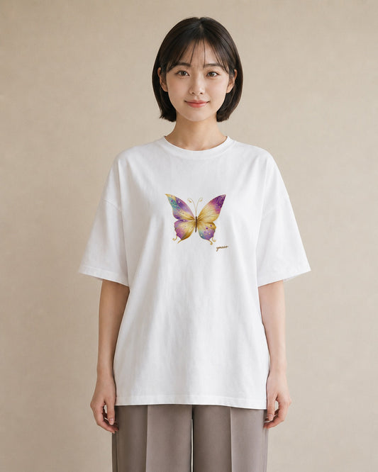 プリントTシャツ レディース ちょうちょ 蝶 バタフライ 昆虫 虫 イラスト きれいめ ホワイトデー 春服 白T
