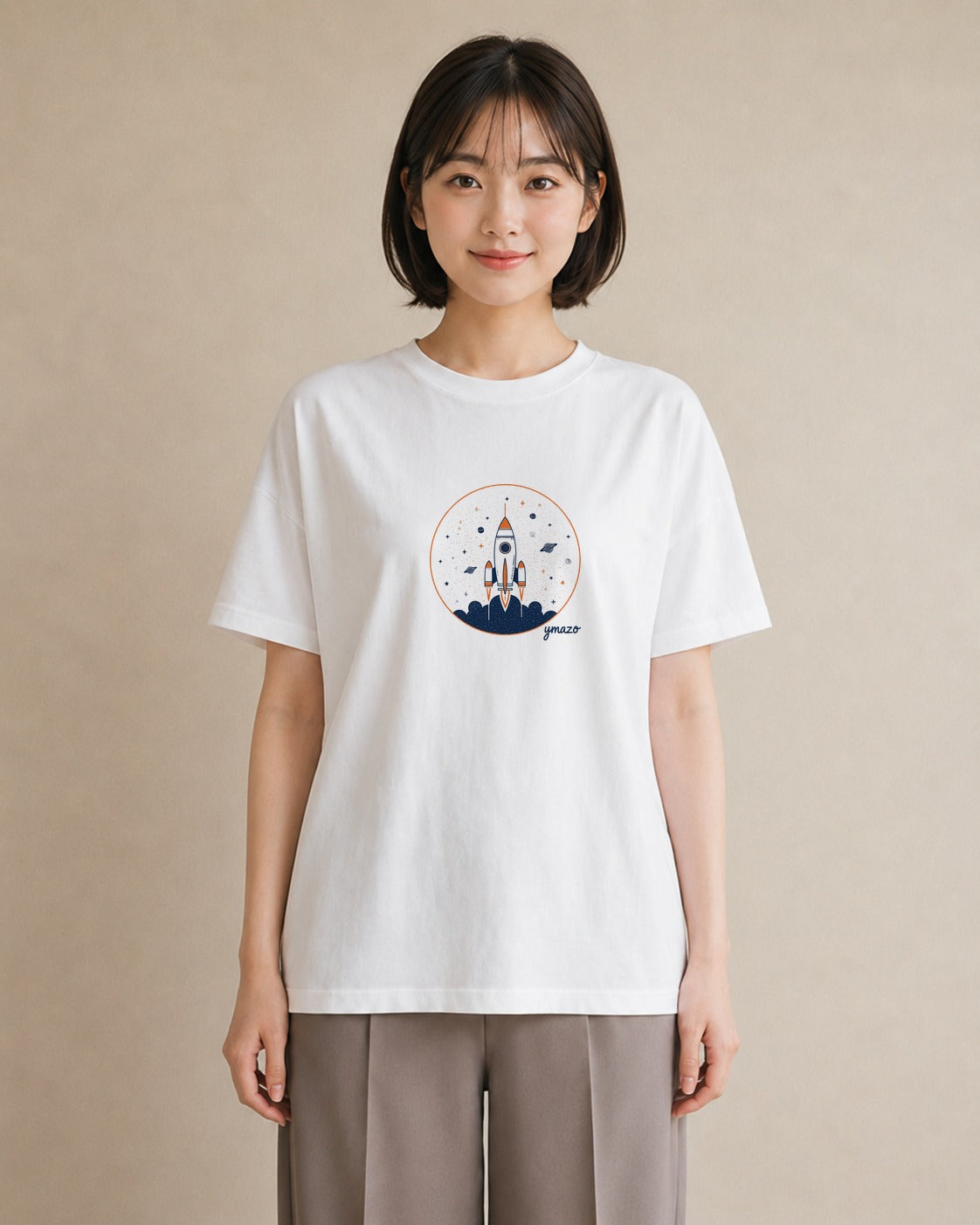 半袖Tシャツ レディース ロケット 星空 宇宙 イラスト ガーリー 買い物 夏コーデ 白T