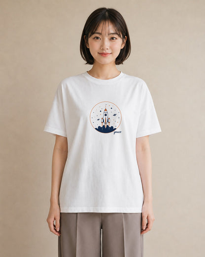 半袖Tシャツ レディース ロケット 星空 宇宙 イラスト ガーリー 買い物 夏コーデ 白T