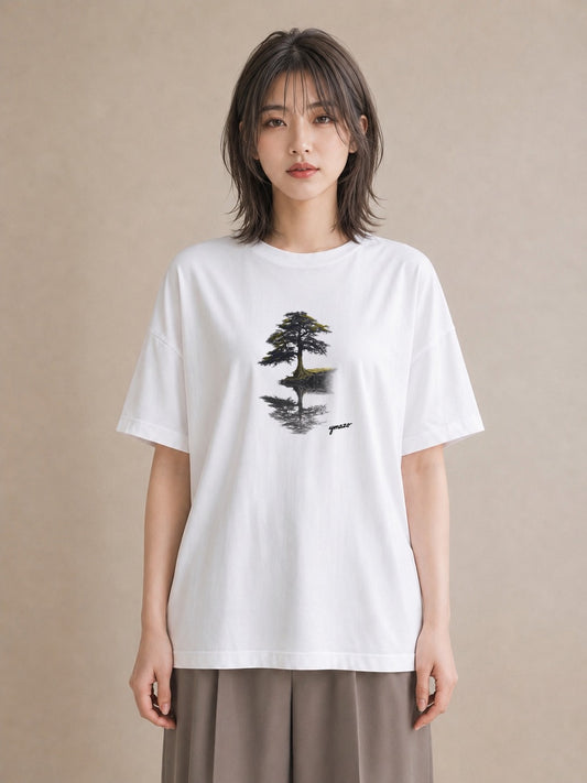 半袖Tシャツ レディース 青の水彩 風景 ブルー ナチュラル アンティーク イラスト 上品 自分用 ルームウェア 白T
