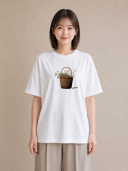 プリントTシャツ レディース 自転車のかご 自転車 花かご ナチュラル アンティーク イラスト 社会人 女性 白T