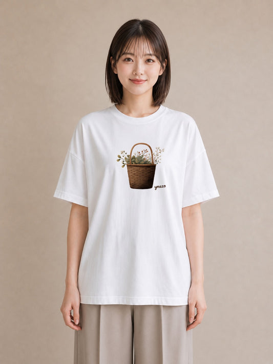 プリントTシャツ レディース 自転車のかご 自転車 花かご ナチュラル アンティーク イラスト 社会人 女性 白T