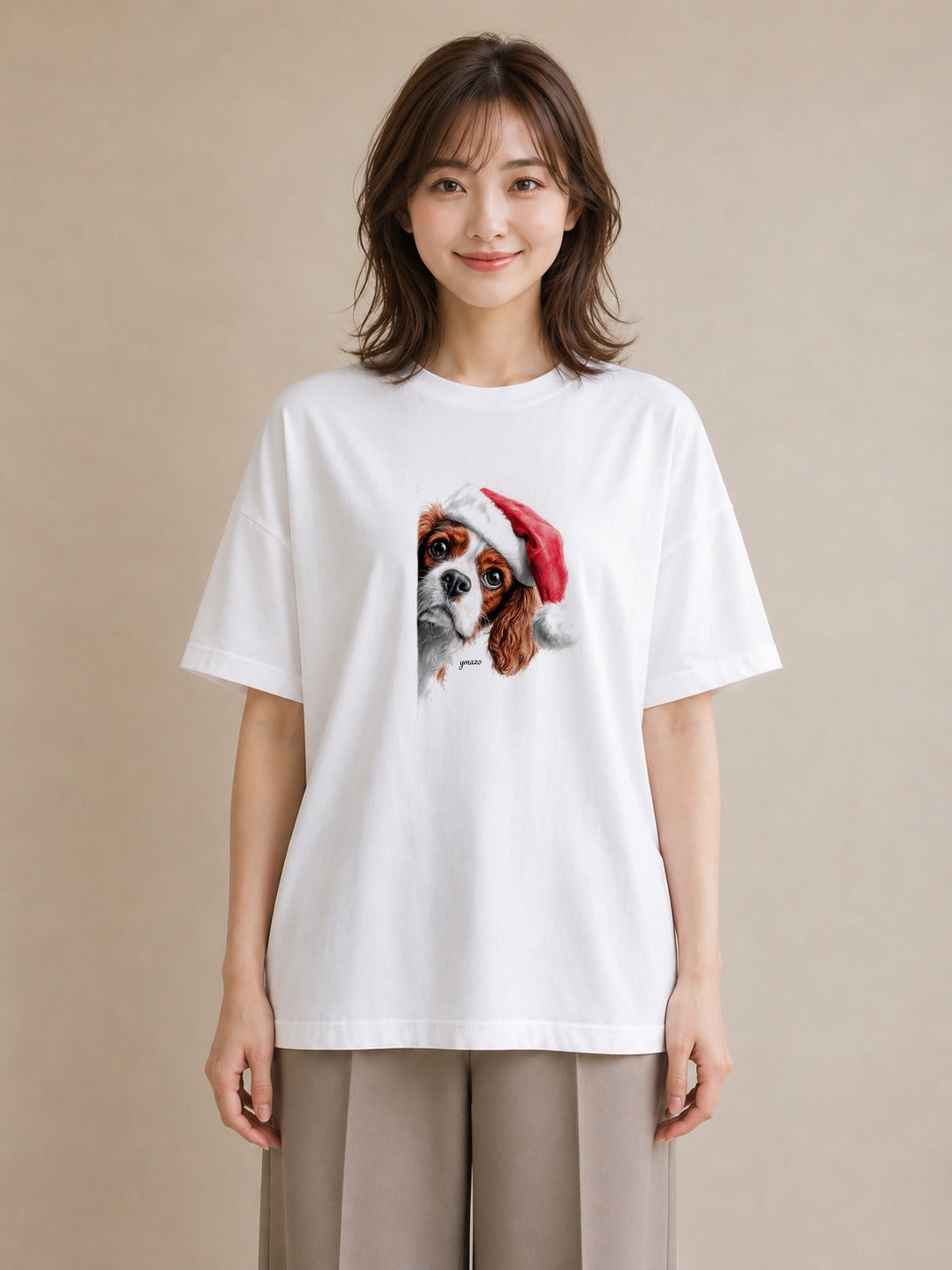 半袖Tシャツ レディース キャバリア 犬 いぬ イラスト 上品 ママ カフェ服 白T